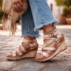 Bed|Stu Julianna Distressed Leather Strappy Wedge Sandals | Boho Platform Heel